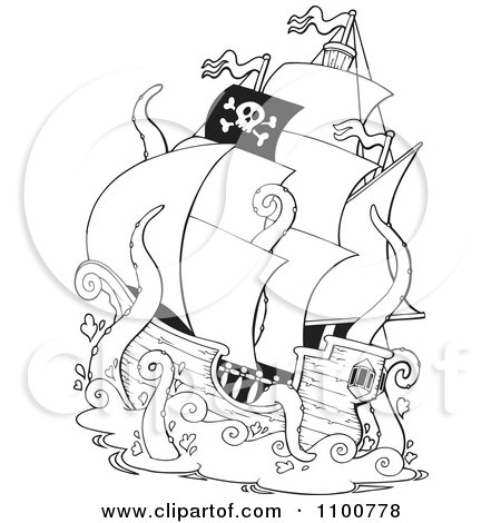 Clipart Outlined Pirate Ship Being Attacked By A Giant Octopus Or Squid - Royalty Free Vector Illustration by visekart