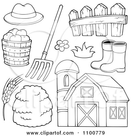 Clipart Outlined Farmer Hat Pitchfork Fence Rubber Boots Apples Wheat Hay And Barn - Royalty Free Vector Illustration by visekart