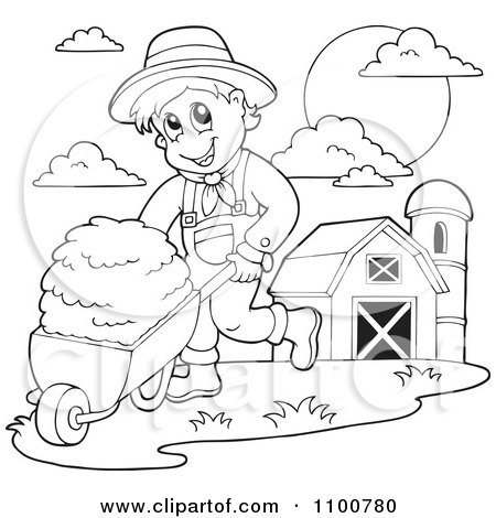 Clipart Outlined Happy Farmer Pushing Fresh Hay In A Wheel Barrow - Royalty Free Vector Illustration by visekart