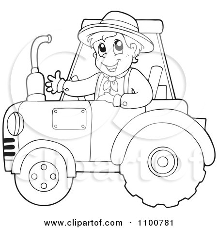 Clipart Outlined Happy Farmer Driving A Red Tractor - Royalty Free Vector Illustration by visekart