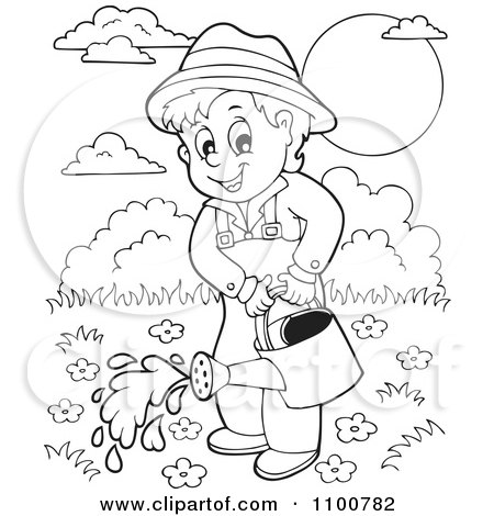 Clipart Outlined Happy Gardener Watering His Plants - Royalty Free Vector Illustration by visekart