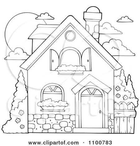 Clipart Outlined House With Shutters And A Window Planter - Royalty Free Vector Illustration by visekart