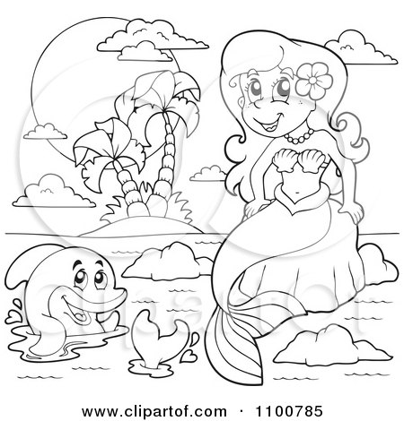 Clipart Outlined Mermaid Sitting On A Rock By An Island And Dolphin - Royalty Free Vector Illustration by visekart