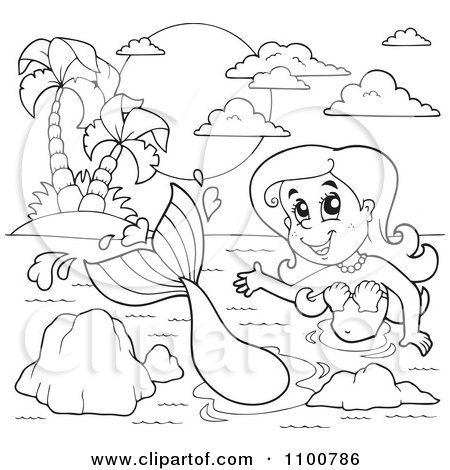 Clipart Outlined Mermaid Swimming By A Tropical Island - Royalty Free Vector Illustration by visekart