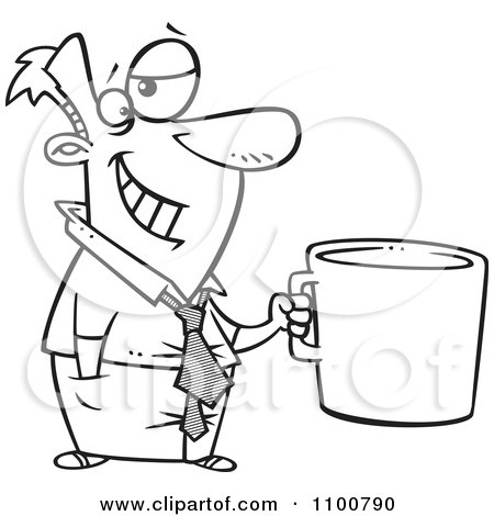 Clipart Outlined Cartoon Businessman Grinning And Holding A Giant Coffee Mug - Royalty Free Vector Illustration by toonaday
