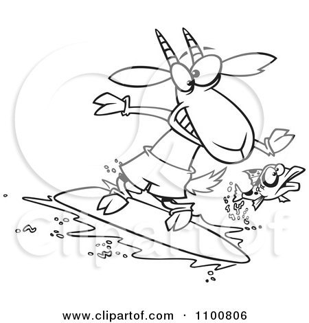 Clipart Outlined Fish Leaping Away From A Surfing Goat - Royalty Free Vector Illustration by toonaday