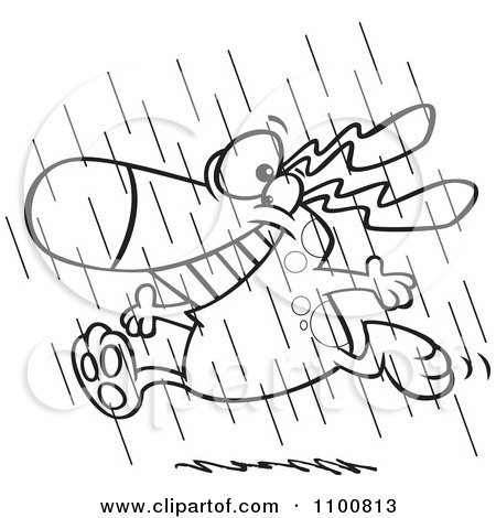 Clipart Happy Outlined Dog Running In The Rain During Spring Showers - Royalty Free Vector Illustration by toonaday