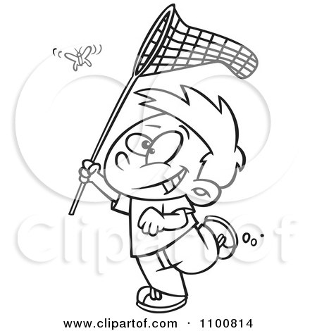 Clipart Outlined Cartoon Boy Chasing A Butterlfy With A Net - Royalty Free Vector Illustration by toonaday