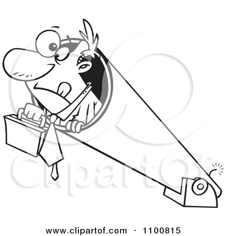 Clipart Outlined Businessman Holding His Briefcase And Prepared For Take Off In A Cannon - Royalty Free Vector Illustration by toonaday