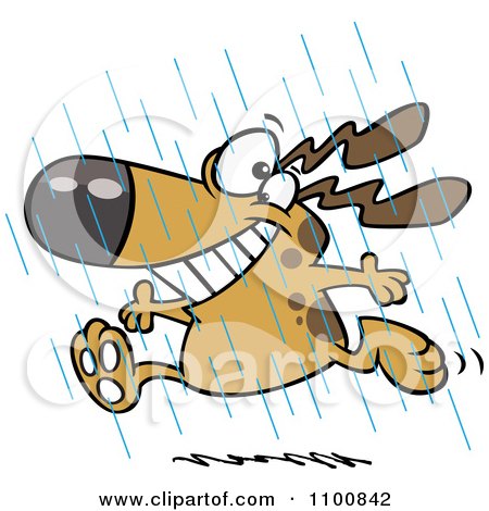 Clipart Happy Dog Running In The Rain During Spring Showers - Royalty Free Vector Illustration by toonaday