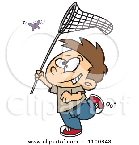 Clipart Happy Cartoon Boy Chasing A Butterlfy With A Net - Royalty Free Vector Illustration by toonaday