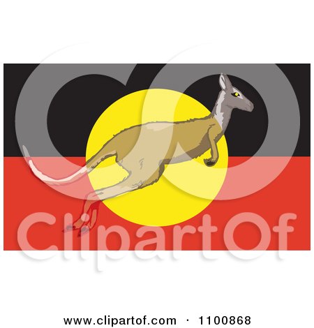 Clipart Kangaroo Leaping In Front Of An Australian Aboriginal Flag And Blending In With The Differnet Colors - Royalty Free Vector Illustration by Dennis Holmes Designs