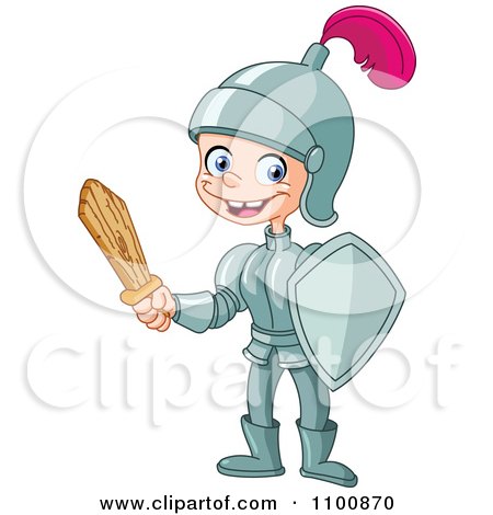 Clipart Happy Knight Boy Holding A Wooden Sword - Royalty Free Vector Illustration by yayayoyo