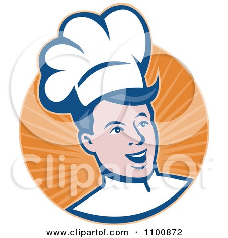 Clipart Retro Happy Chef Smiling Over A Circle Of Orange Rays - Royalty Free Vector Illustration by patrimonio