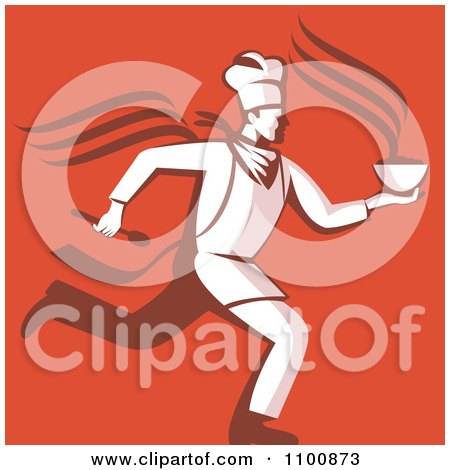 Clipart Retro Chef Running With Hot Soup Over Orange Red - Royalty Free Vector Illustration by patrimonio