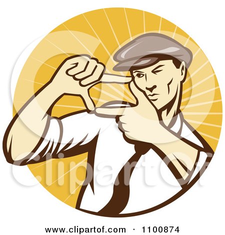 Clipart Retro Movie Director Framing A Shot With His Hands Over A Circle Of Orange Rays - Royalty Free Vector Illustration by patrimonio