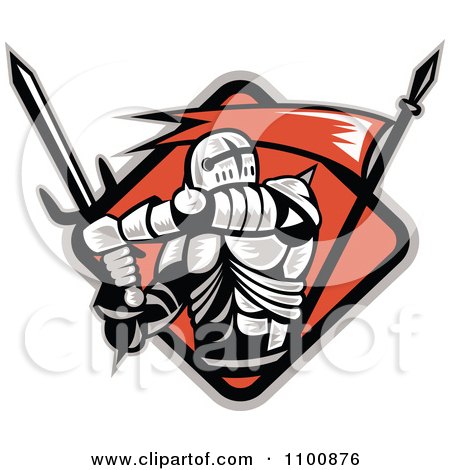 Clipart Retro Crusader Knight With A Sword And Red Flag In A Diamond - Royalty Free Vector Illustration by patrimonio