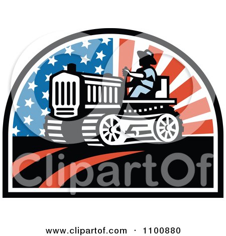 Clipart Retro Farmer Operating A Tractor With American Stars And Stripes - Royalty Free Vector Illustration by patrimonio