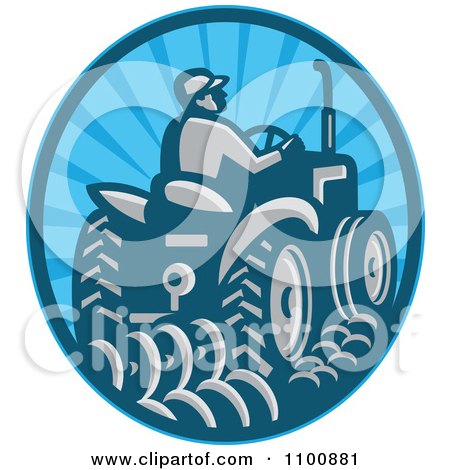 Clipart Retro Farmer Operating A Tractor In A Blue Circle - Royalty Free Vector Illustration by patrimonio
