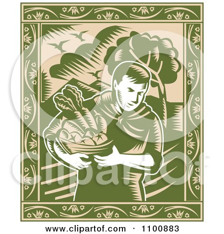 Clipart Retro Green Organic Farmer Carrying Fresh Produce In A Bowl With An Ornate Frame - Royalty Free Vector Illustration by patrimonio