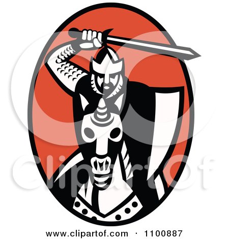 Clipart Retro Knight Holding Up A Sword And Charging On Horseback Over A Red Oval - Royalty Free Vector Illustration by patrimonio