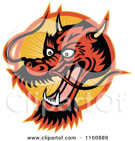 Clipart Retro Chinese Dragon Head Over An Orange Circle Of Rays - Royalty Free Vector Illustration by patrimonio