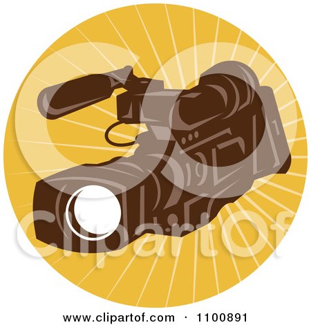 Clipart Retro Brown Video Camera In A Circle Of Rays - Royalty Free Vector Illustration by patrimonio