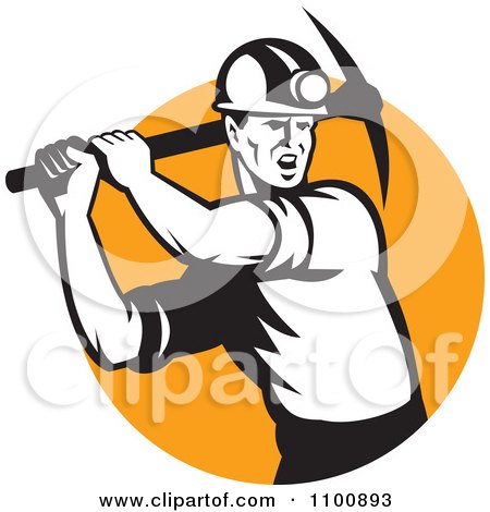 Clipart Retro Coal Miner Swinging A Pick Ax Over An Orange Circle - Royalty Free Vector Illustration by patrimonio