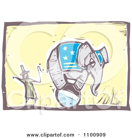 Clipart Woodcut Style Circus Ringmaster Instructing An Elephant To Balance On A Ball Over Yellow - Royalty Free Vector Illustration by xunantunich
