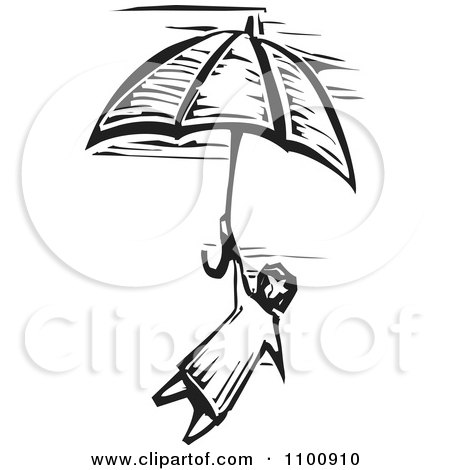 Clipart Woodcut Black And White Style Girl Flying With An Umbrella In The Sky - Royalty Free Vector Illustration by xunantunich