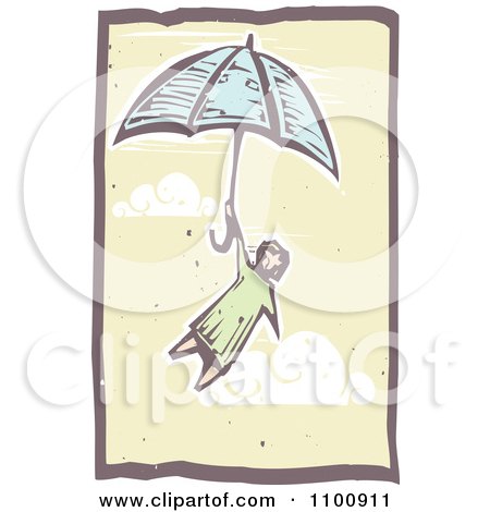 Clipart Woodcut Style Girl Flying With An Umbrella In The Sky - Royalty Free Vector Illustration by xunantunich