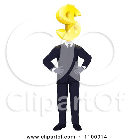 Clipart Businessman With A Gold Dollar Symbol Head And Hands On His Hips - Royalty Free Vector Illustration by AtStockIllustration