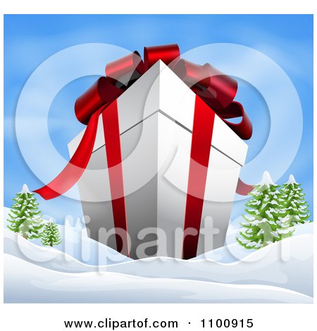 Clipart 3d Giant Christmas Gift Box With Red Ribbon And Bows In A Winter Landscape - Royalty Free Vector Illustration by AtStockIllustration
