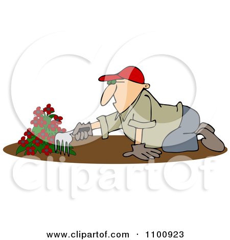 Clipart Man Raking Dirt In A Flower Garden - Royalty Free Vector Illustration by djart
