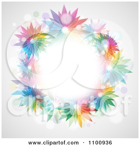 Clipart Wreath Of Colorful Vibrant Flowers And Flares On Gray - Royalty Free Vector Illustration by KJ Pargeter