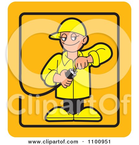 Clipart Electrician Testing A Plug In An Orange Rectangle - Royalty Free Vector Illustration by Lal Perera