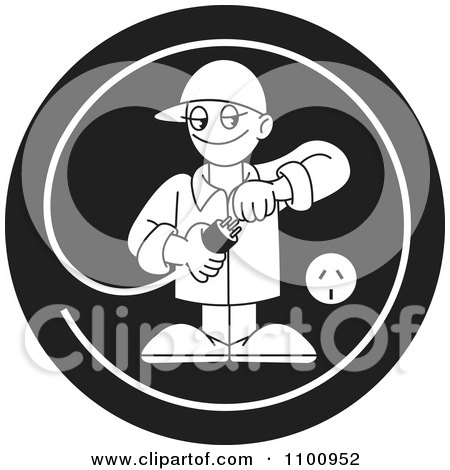 Clipart Black And White Electrician Testing A Plug In A Circle - Royalty Free Vector Illustration by Lal Perera