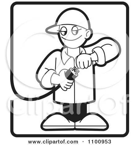 Clipart Black And White Electrician Testing A Plug In A Rectangle - Royalty Free Vector Illustration by Lal Perera