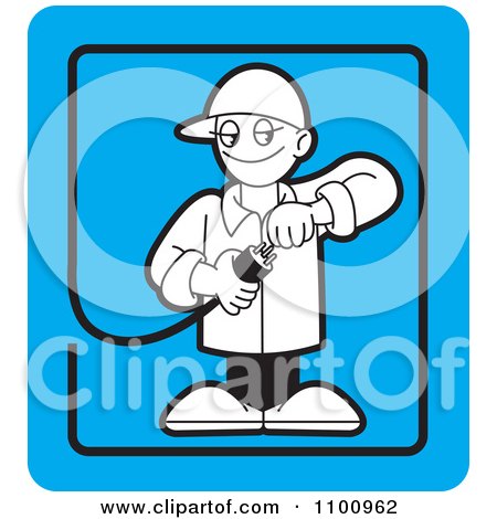 Clipart Electrician Testing A Plug In A Blue Rectangle - Royalty Free Vector Illustration by Lal Perera