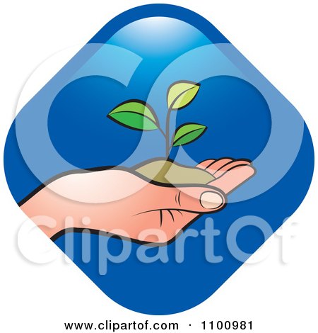 Clipart Hand Holding A Plant In Soil Over A Blue Diamond - Royalty Free Vector Illustration by Lal Perera
