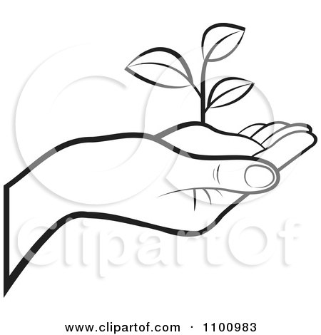 Clipart Outlined Human Hand Holding A Plant In Soil - Royalty Free Vector Illustration by Lal Perera