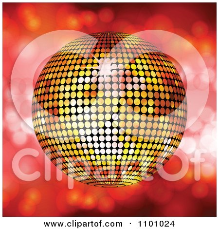 Clipart 3d Golden Sparkly Disco Ball Over Red With Flares - Royalty Free Vector Illustration by elaineitalia