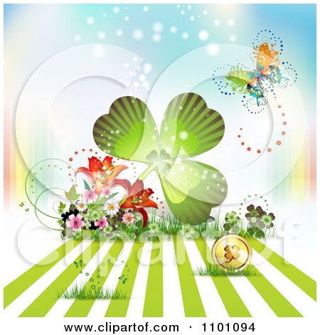 Clipart Giant Shamrock With Flowers A Coin And A Butterfly Over Gradient - Royalty Free Vector Illustration by merlinul