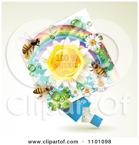 Clipart Honey Bees Over Natural Honeycombs In A Diamond Rainbow Floral Frame 2 - Royalty Free Vector Illustration by merlinul