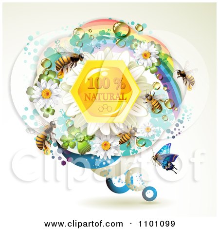 Clipart Honey Bees Over Natural Honeycombs In A Round Rainbow Floral Frame 1 - Royalty Free Vector Illustration by merlinul