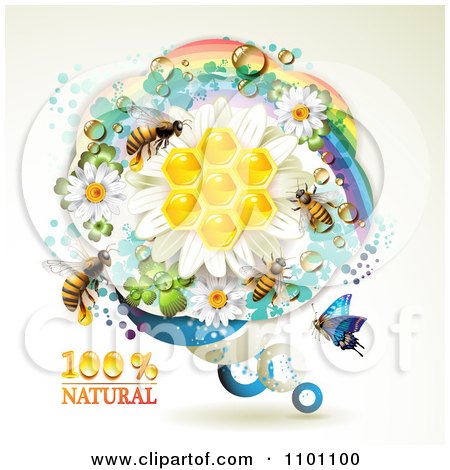 Clipart Honey Bees Over Natural Honeycombs In A Round Rainbow Floral Frame 2 - Royalty Free Vector Illustration by merlinul