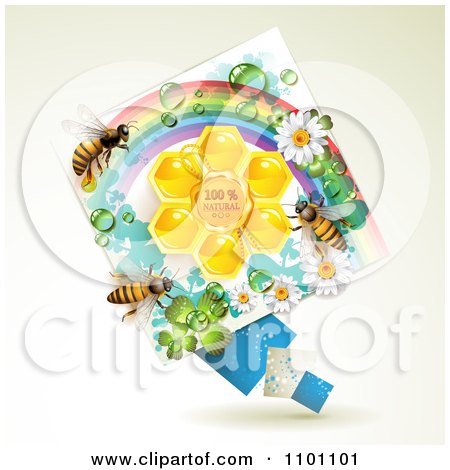 Clipart Honey Bees Over Natural Honeycombs In A Diamond Rainbow Floral Frame 1 - Royalty Free Vector Illustration by merlinul