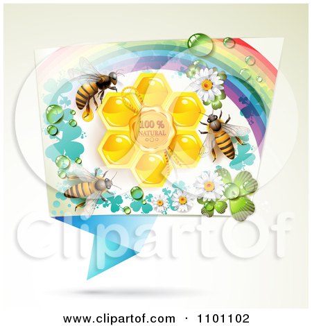 Clipart Honey Bees Over Natural Honeycombs In A Rectangular Rainbow Floral Frame - Royalty Free Vector Illustration by merlinul