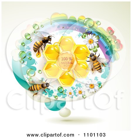 Clipart Honey Bees Over Natural Honeycombs In An Oval Rainbow Floral Frame - Royalty Free Vector Illustration by merlinul