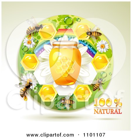 Clipart Honey Bees With A Jar And Honeycombs In A Round Rainbow Floral Frame - Royalty Free Vector Illustration by merlinul